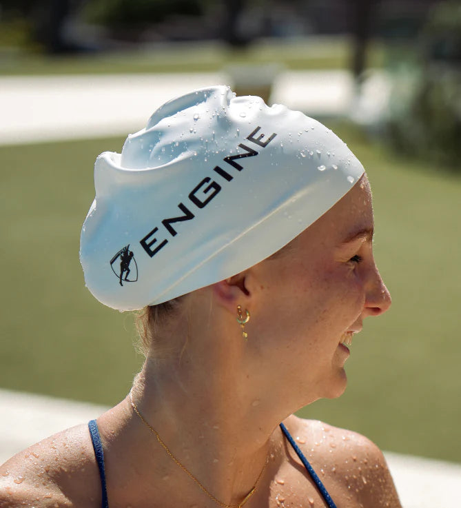 Silicone Swim Cap - Engine Logo White