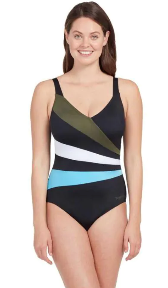 Zoggs Women's Wrap Panel Adjustable Classic Back Swimsuit Khaki/White/Blue