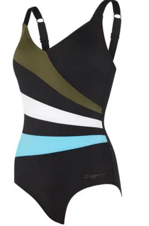 Zoggs Women's Wrap Panel Adjustable Classic Back Swimsuit Khaki/White/Blue
