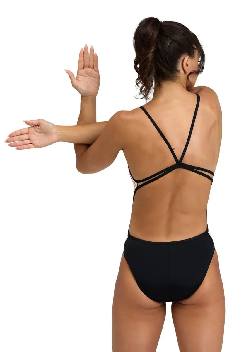 Ladies  Circle Stripe Lace Back Swimsuit - Black/Multicolour